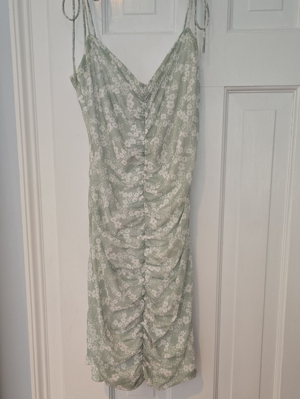 Tie-Shoulder Sage Green Floral Ruched Slip Dress